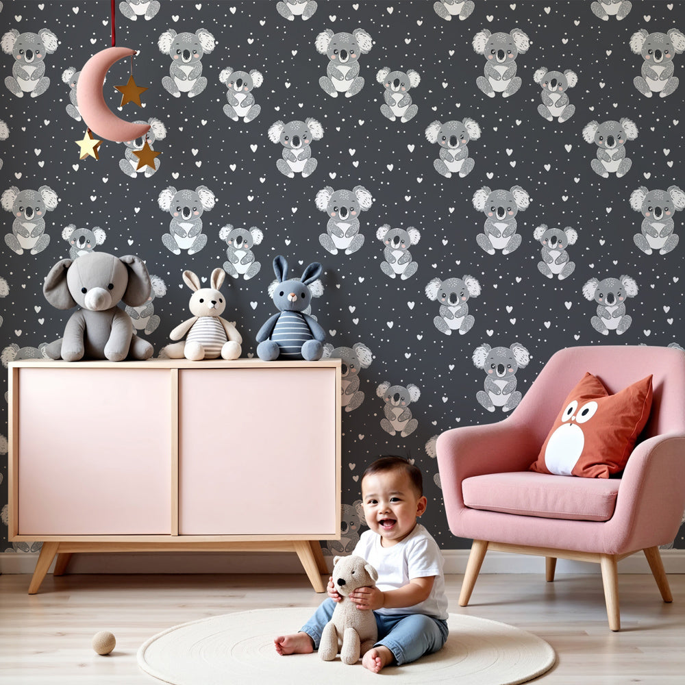 Adorable koala mural wallpaper creating peaceful nursery decor with gray background by Kids-Mundo
