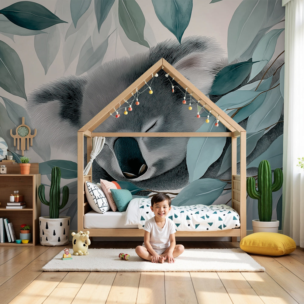 Peaceful koala mural wallpaper in modern baby nursery with natural wood furniture by Kids-Mundo