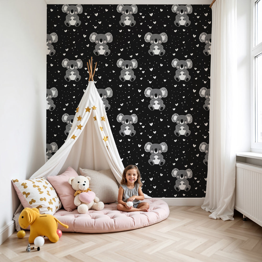 Koala mural wallpaper creating adorable nursery decor with cute animals on black background by Kids-Mundo