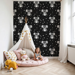 Koala mural wallpaper creating adorable nursery decor with cute animals on black background by Kids-Mundo