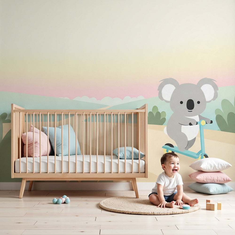 Koala scooter mural wallpaper in modern baby nursery with natural wood furniture by Kids-Mundo