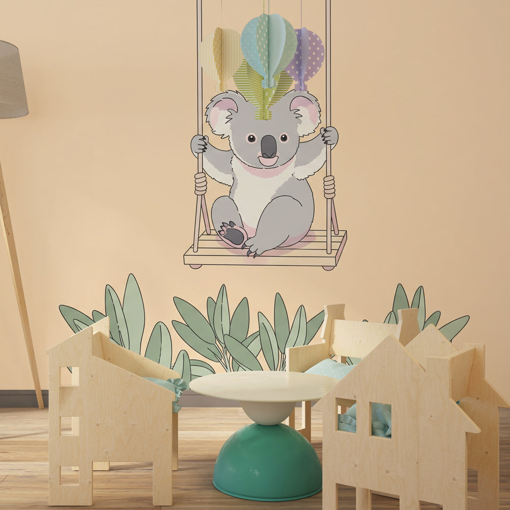 Happy koala swing wallpaper creating serene atmosphere in baby nursery decor