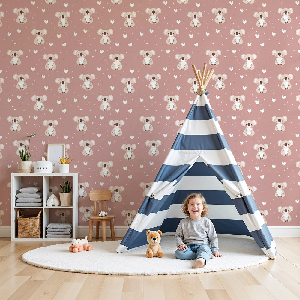 Pink koala mural wallpaper with hearts creating cozy nursery atmosphere by Kids-Mundo