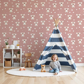 Pink koala mural wallpaper with hearts creating cozy nursery atmosphere by Kids-Mundo