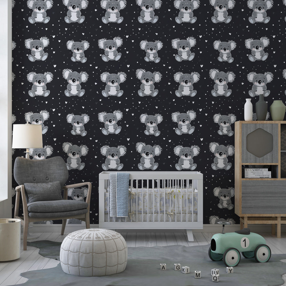 Charming koala mural wallpaper transforming kids playroom with monochrome Australian animal theme