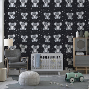Charming koala mural wallpaper transforming kids playroom with monochrome Australian animal theme