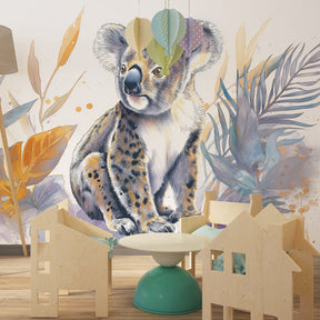 Watercolor koala mural wallpaper transforming kids playroom with botanical wildlife theme