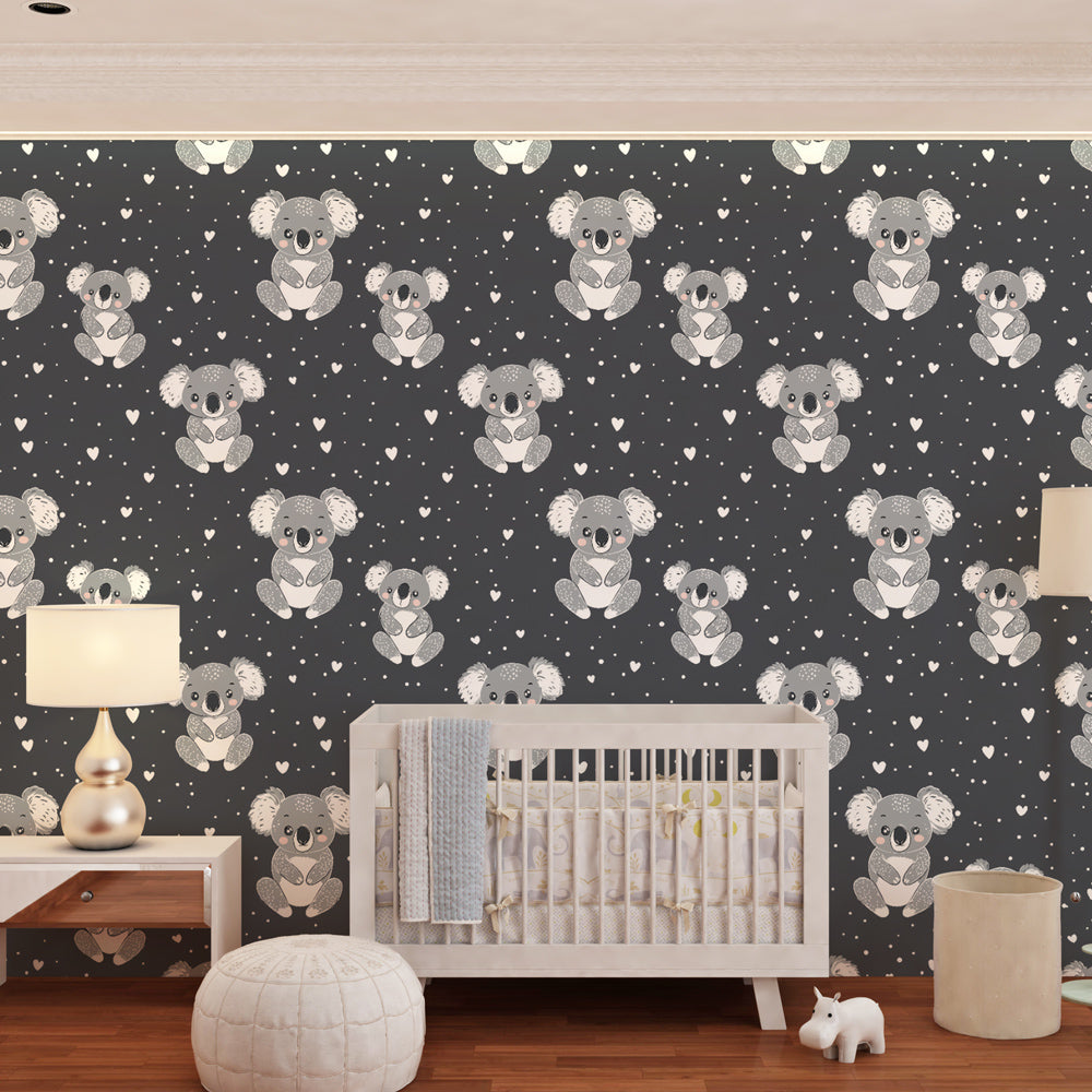 Charming koala mural wallpaper for kids playroom featuring gentle marsupials and heart details