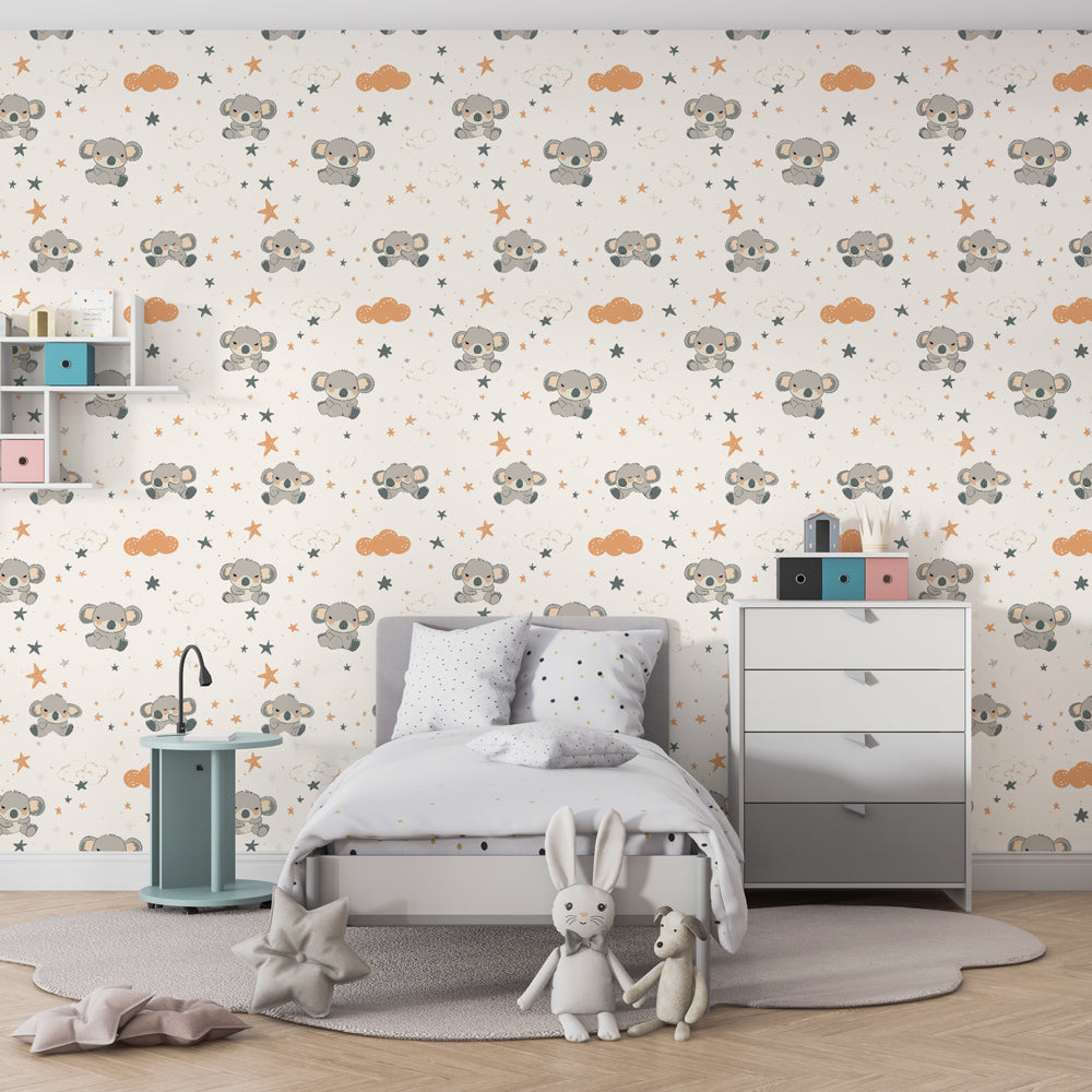Adorable koala and stars mural wallpaper transforming kids playroom walls