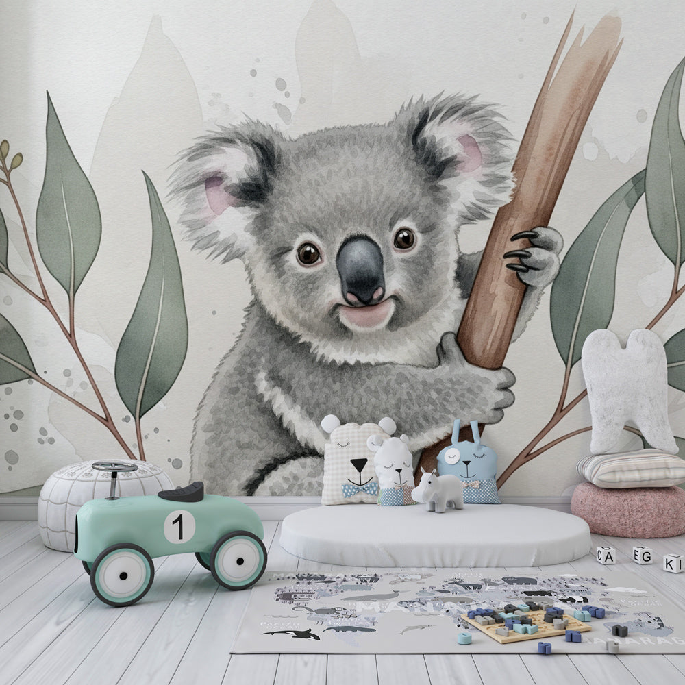 Australian koala mural wallpaper for kids playroom with natural wood furniture