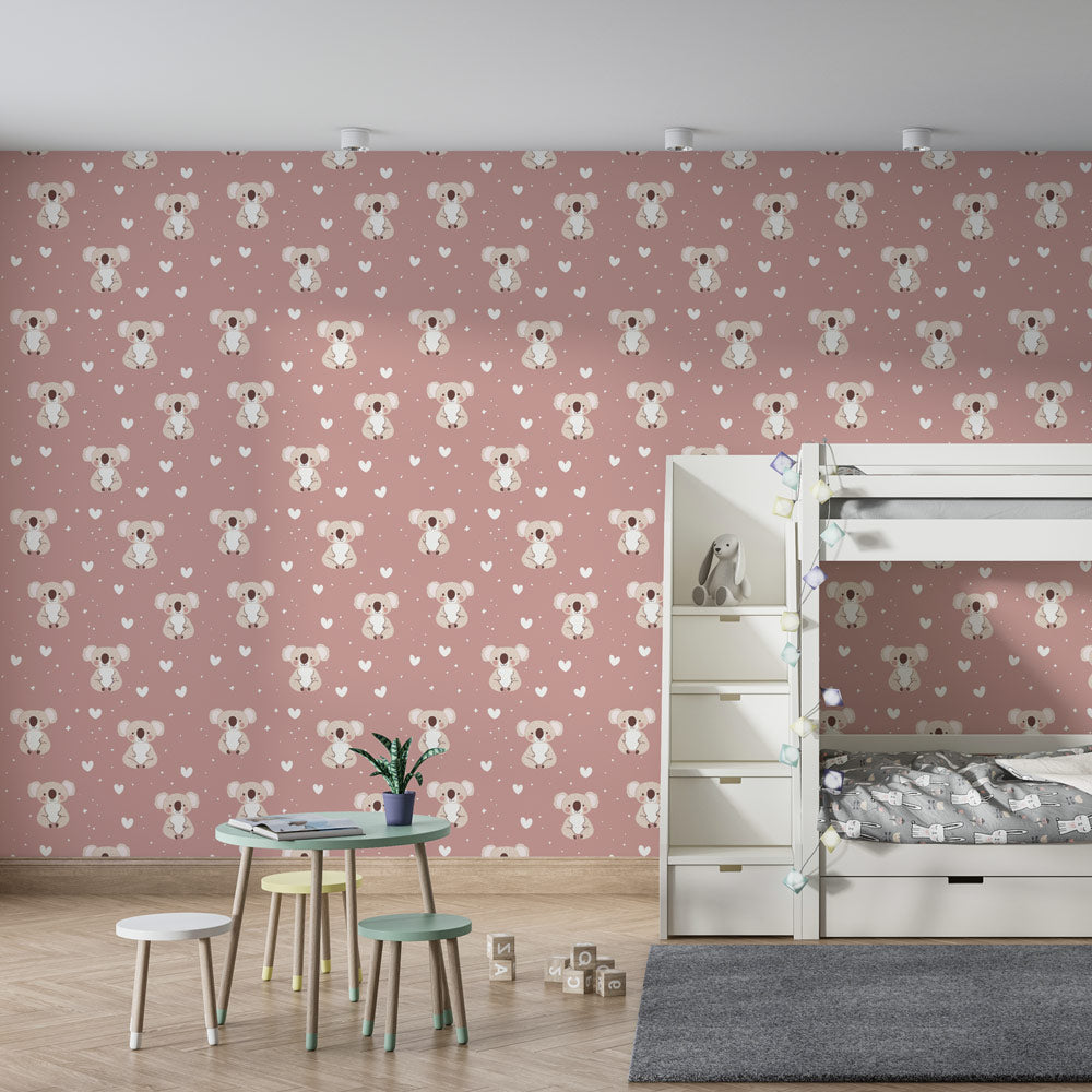 Australian koala mural wallpaper creating magical kids playroom with heart motifs