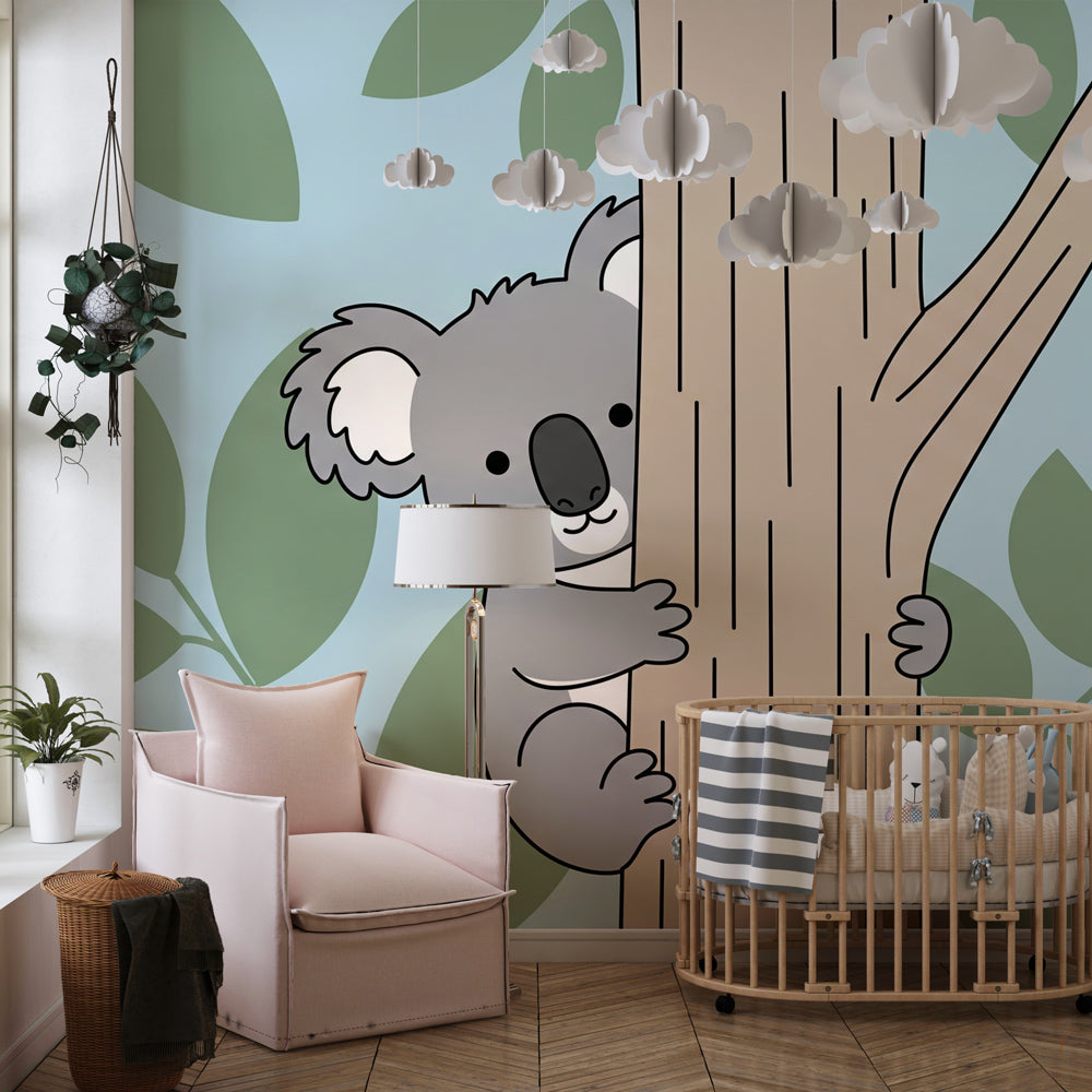 Australian koala mural wallpaper transforming kids playroom with nature theme