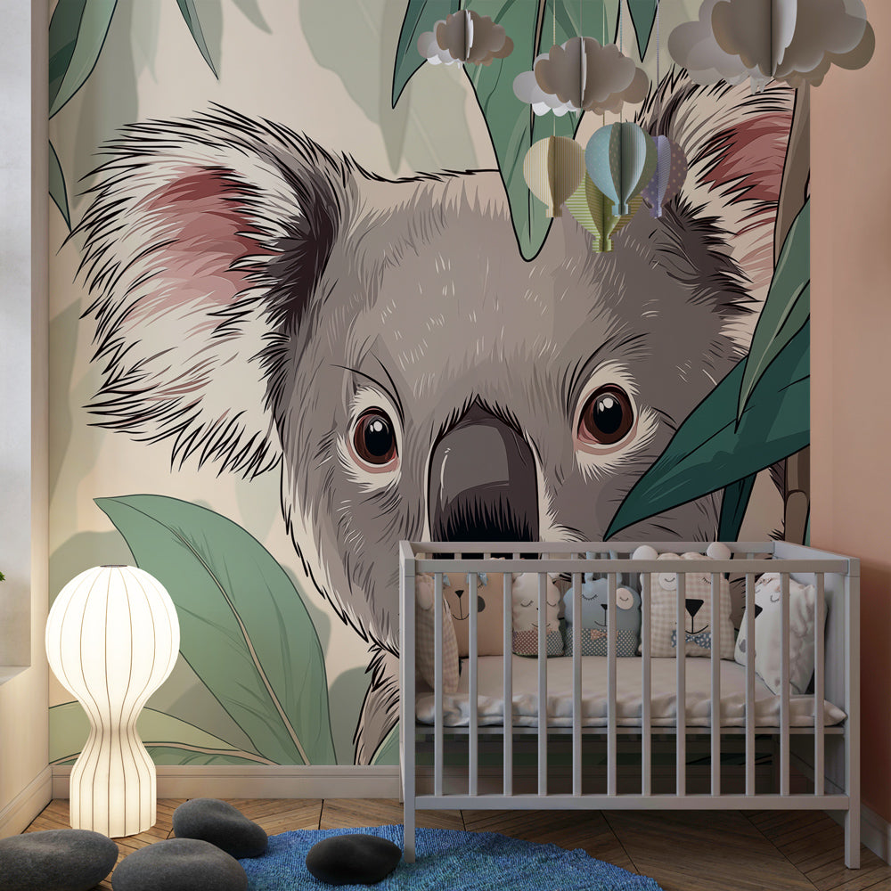 Australian koala mural wallpaper for children's playroom featuring adorable wildlife character