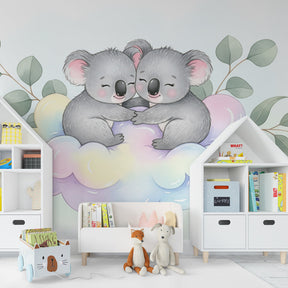 Cute koala cloud wallpaper for kids playroom with gentle pastel tones and natural elements