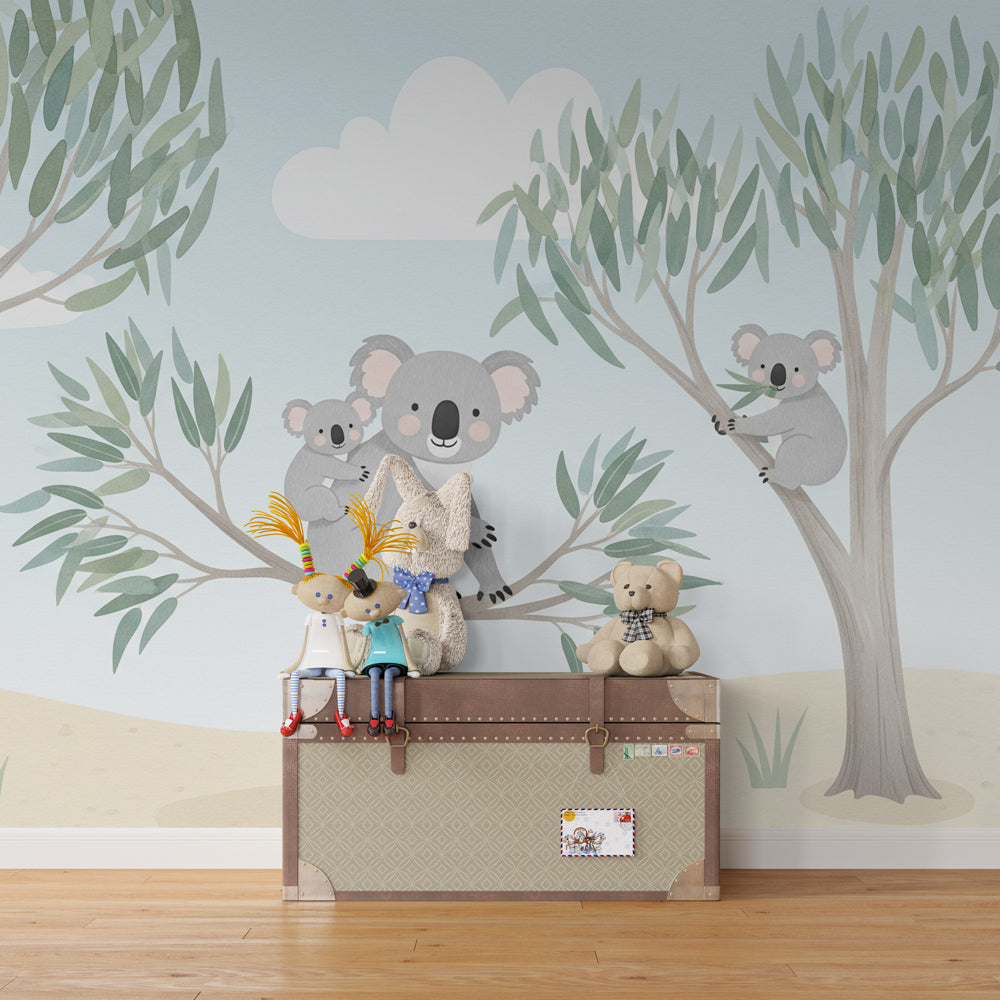 Nature-themed koala wallpaper transforming kids playroom with soft gray-green tones