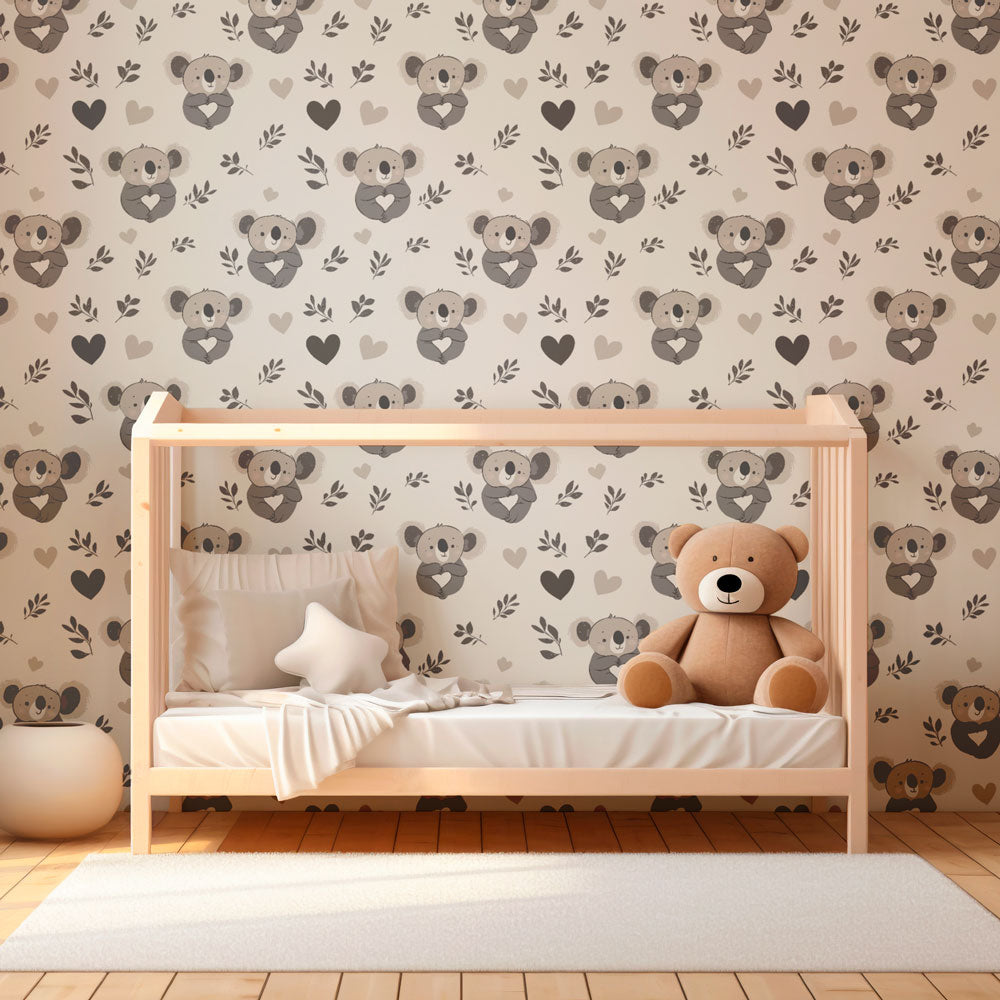 Australian koala themed mural wallpaper for kids playroom with neutral tones