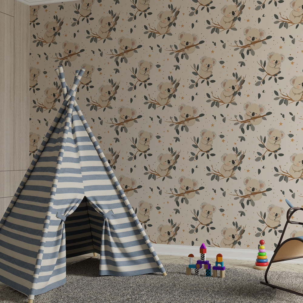 Beige koala mural wallpaper adding natural warmth to modern kids playroom by Kids-Mundo