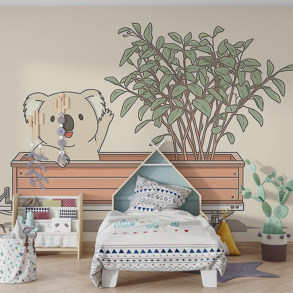 Nature-themed koala wallpaper with wooden cart design for kids room by Kids-Mundo