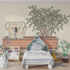Nature-themed koala wallpaper with wooden cart design for kids room by Kids-Mundo