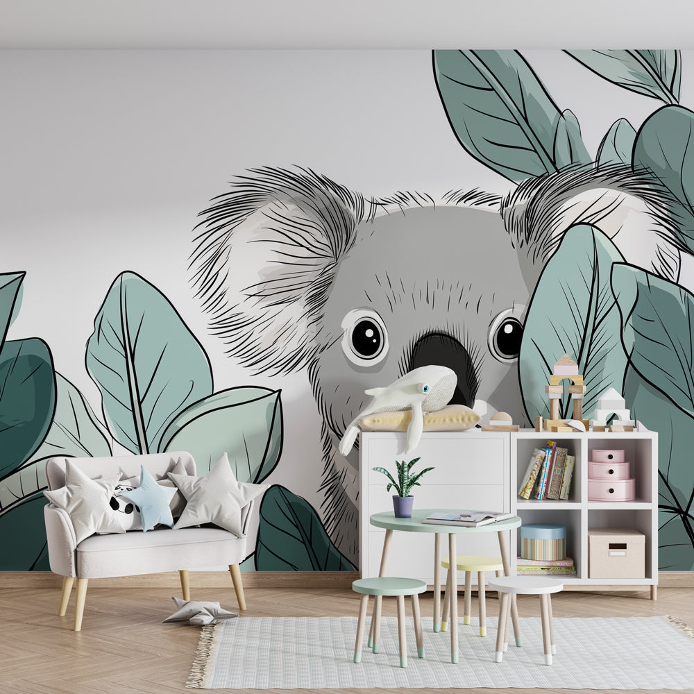 Gentle koala wallpaper with leaves creating calming atmosphere in toddler room
