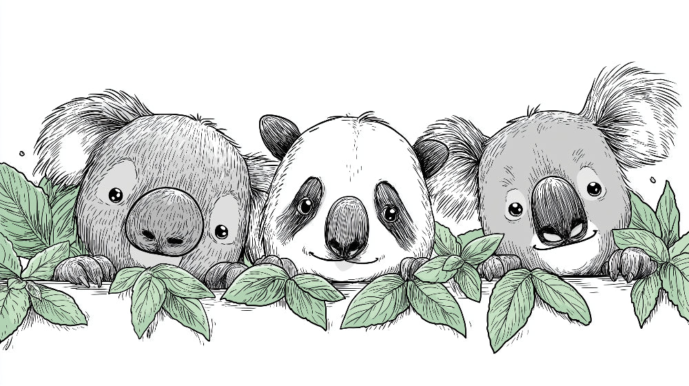 Detailed koala panda mural wallpaper design pattern showing furry friends with green foliage by Kids-Mundo