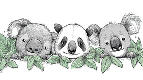 Detailed koala panda mural wallpaper design pattern showing furry friends with green foliage by Kids-Mundo
