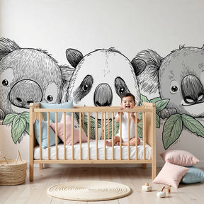 Koala panda mural wallpaper creating peaceful nursery decor with natural green foliage by Kids-Mundo