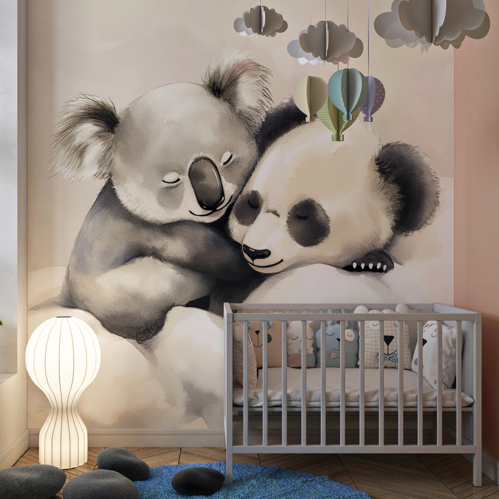 Cute koala panda wallpaper transforming kids playroom with pastel cloud theme