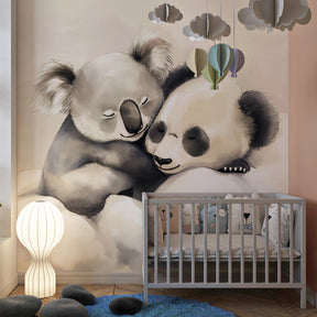 Cute koala panda wallpaper transforming kids playroom with pastel cloud theme