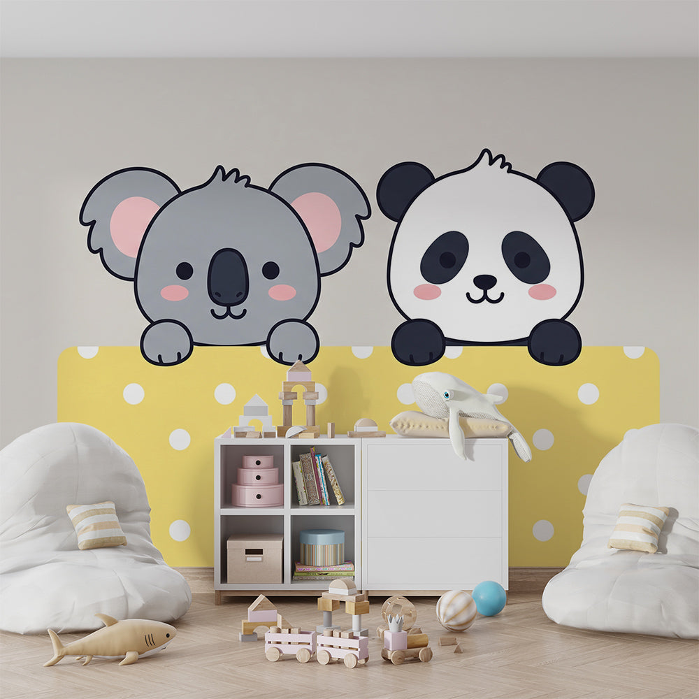 Kids-Mundo koala and panda peeking wall mural styled in a kids' bedroom