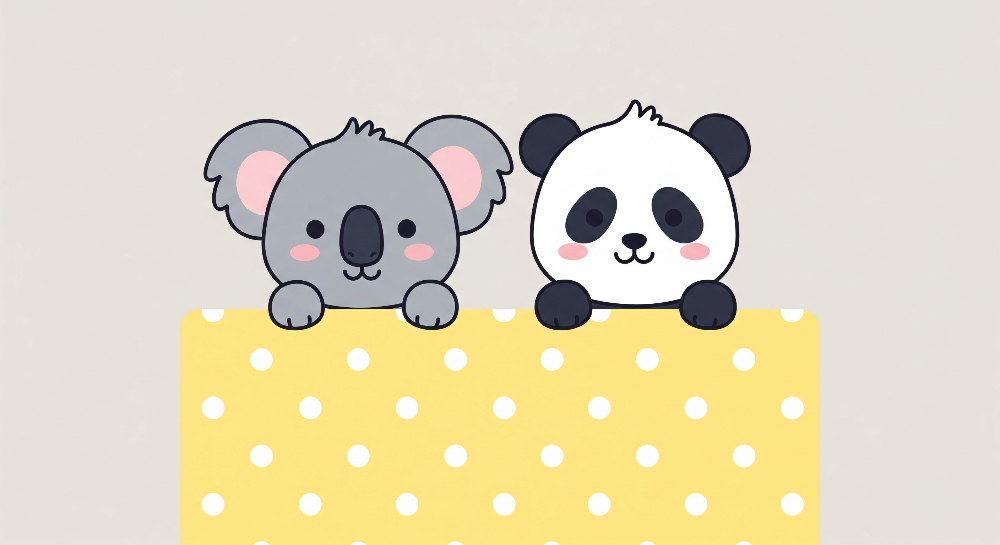 Koala and Panda Peeking Over Yellow Polka Dots Wall Mural