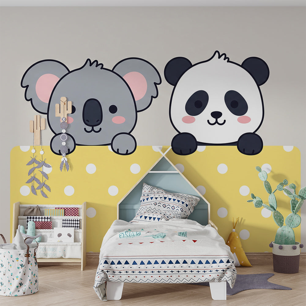 Kids-Mundo yellow polka dot koala and panda wall mural styled in a playroom