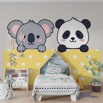 Kids-Mundo yellow polka dot koala and panda wall mural styled in a playroom