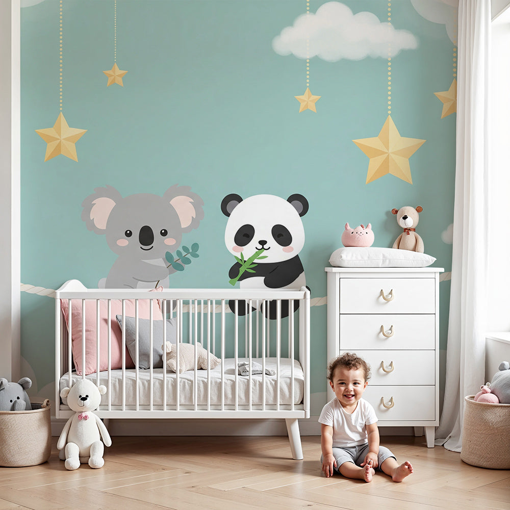 Kids-Mundo koala and panda on a starry rope mural in a cosy kids bedroom