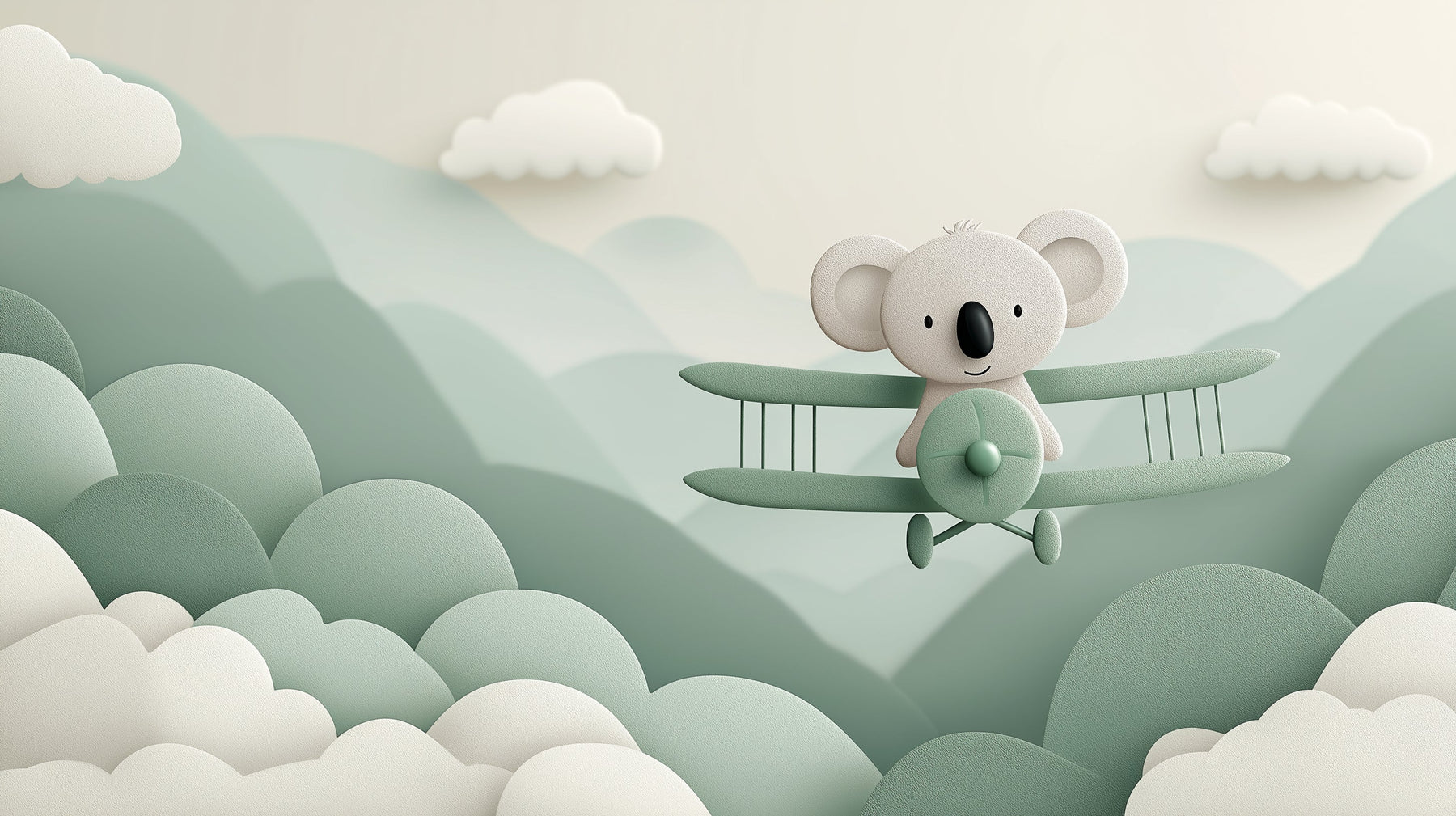 Detailed koala pilot and mountain landscape mural wallpaper design pattern by Kids-Mundo