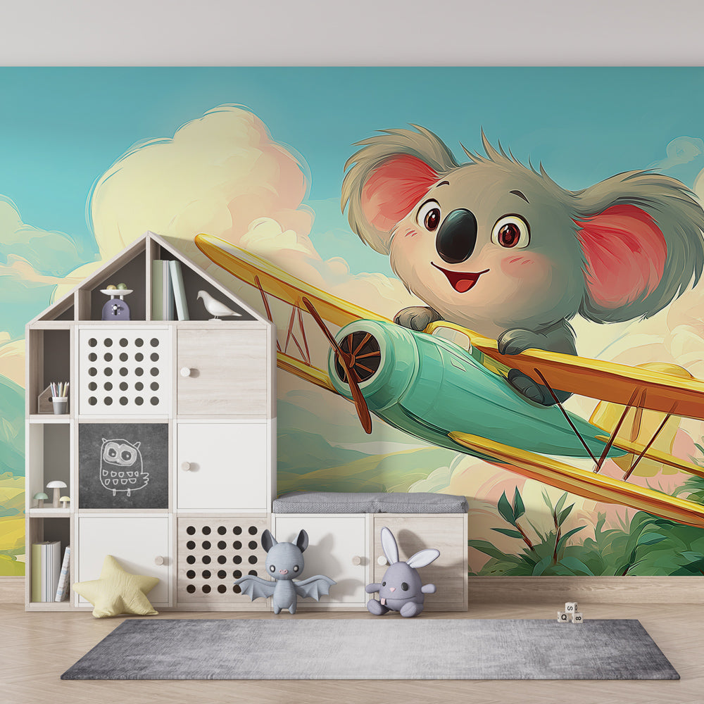 Aviation themed mural wallpaper with koala pilot transforming children's playroom into adventure space