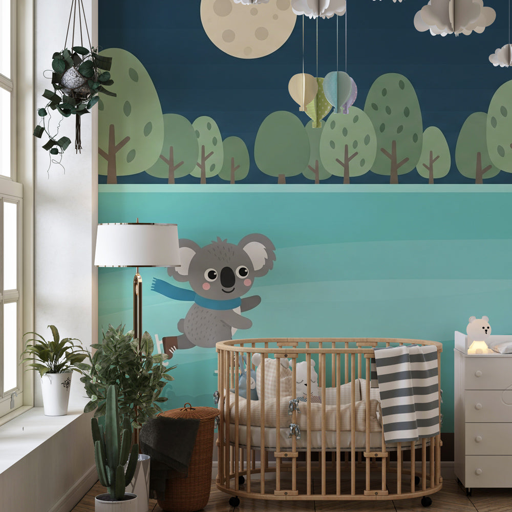 Winter koala wallpaper creating peaceful children's bedroom atmosphere with natural decor
