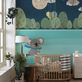 Winter koala wallpaper creating peaceful children's bedroom atmosphere with natural decor