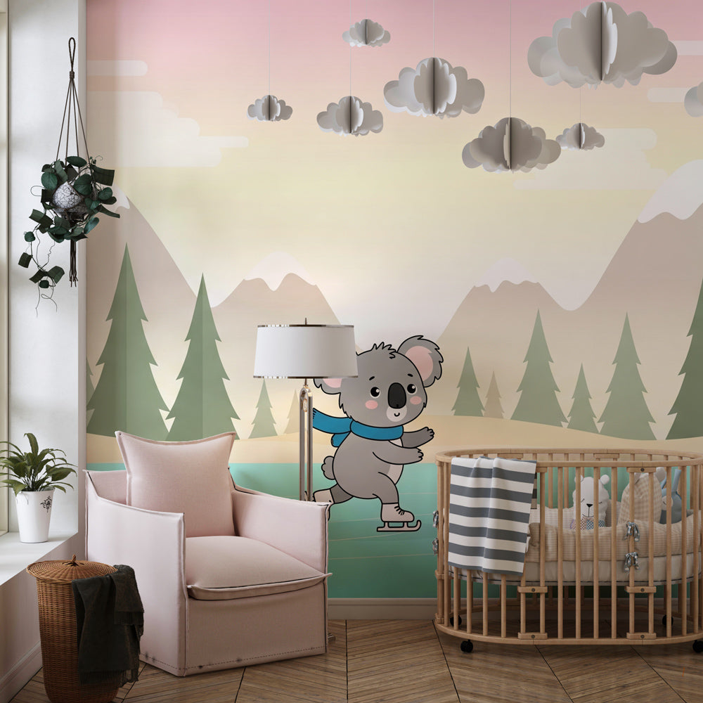 Animal skating wallpaper transforming playroom into winter wonderland by Kids-Mundo