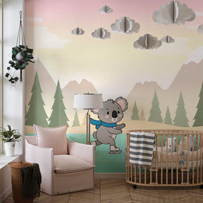 Animal skating wallpaper transforming playroom into winter wonderland by Kids-Mundo
