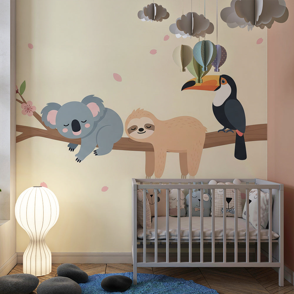 Kids-Mundo koala and sloth blossom wall mural bringing gentle warmth to a baby's bedroom.