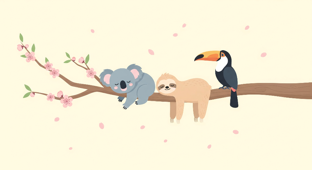 Kids-Mundo flat-artwork design of a koala, sloth and toucan resting together on a cherry blossom branch.