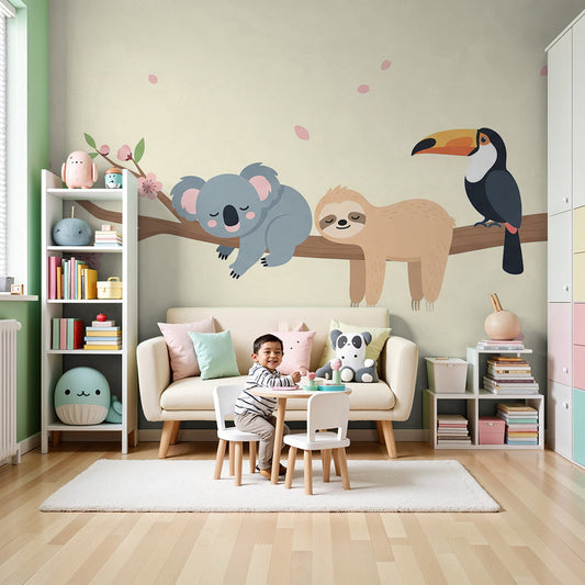 Kids-Mundo koala, sloth and toucan cherry blossom wall mural styled in a soft, calming nursery.