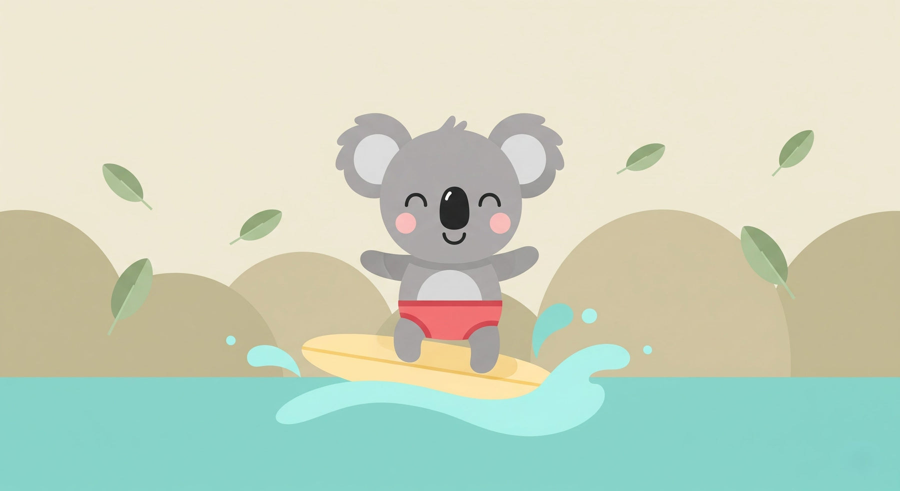 Detailed koala surfer mural wallpaper design pattern with gentle waves and beach elements by Kids-Mundo