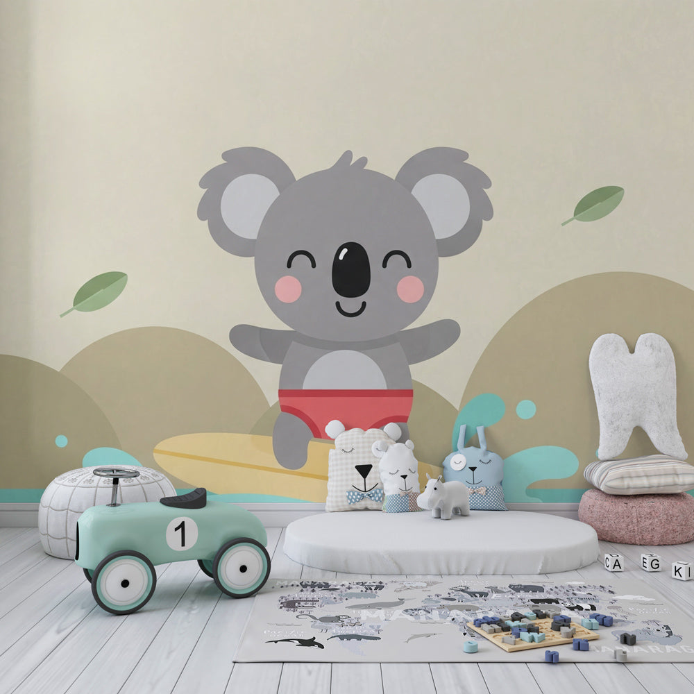 Pastel koala surfer mural wallpaper transforming baby nursery into dreamy beach scene