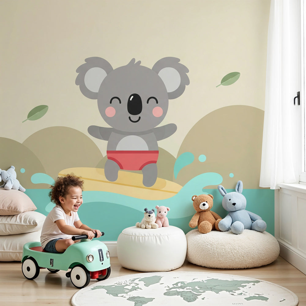 Koala surfer mural wallpaper in peaceful baby nursery with natural wood furniture by Kids-Mundo