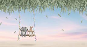 Detailed koala and rabbit swing mural wallpaper design pattern with falling leaves by Kids-Mundo
