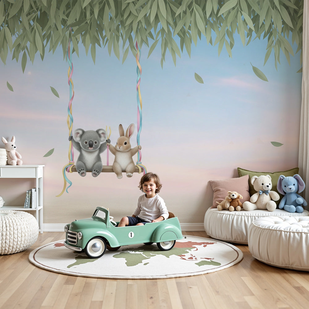 Koala and rabbit swing mural wallpaper in modern baby nursery with natural wood crib by Kids-Mundo