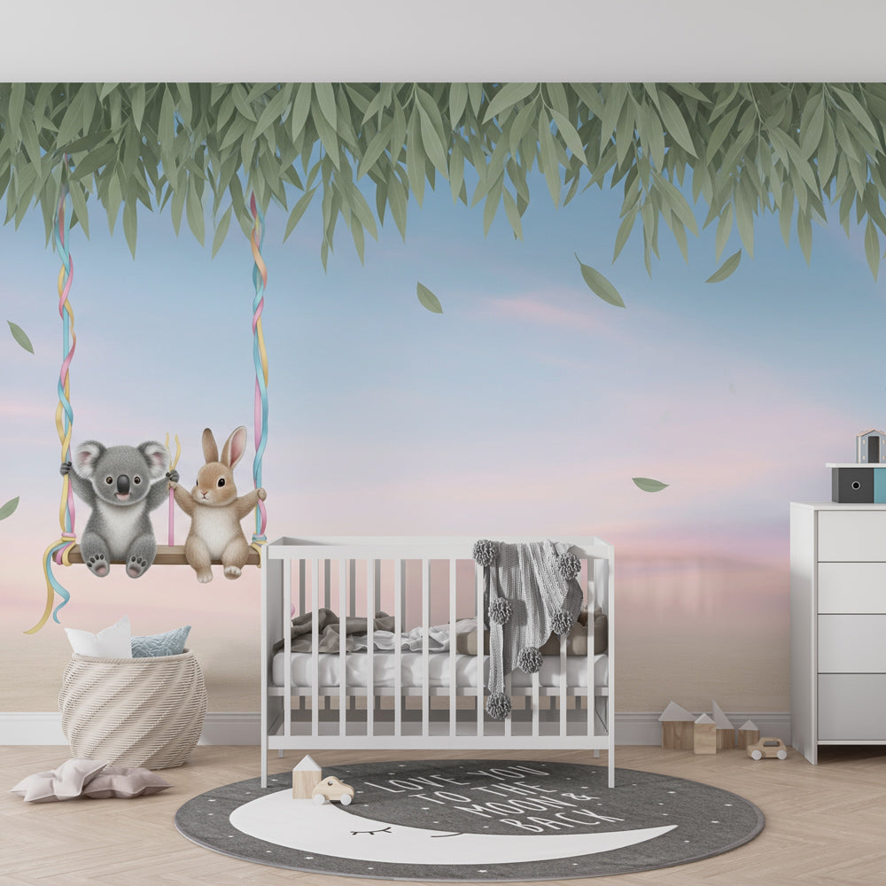 Gentle koala swing wallpaper decorating cozy toddler bedroom with soft pink and blue tones