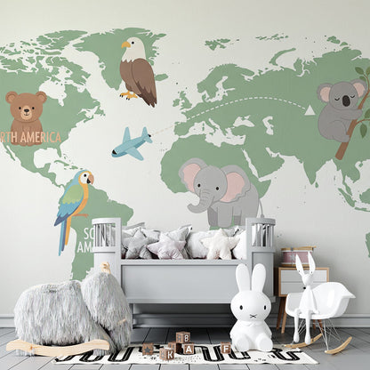 Kids-Mundo world map mural with bear and eagle on a sage green kids bedroom wall